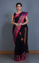 Handwoven Skirt Nakshi Border Cotton Linen Banarasi Saree in Pitch Black and Multicolored