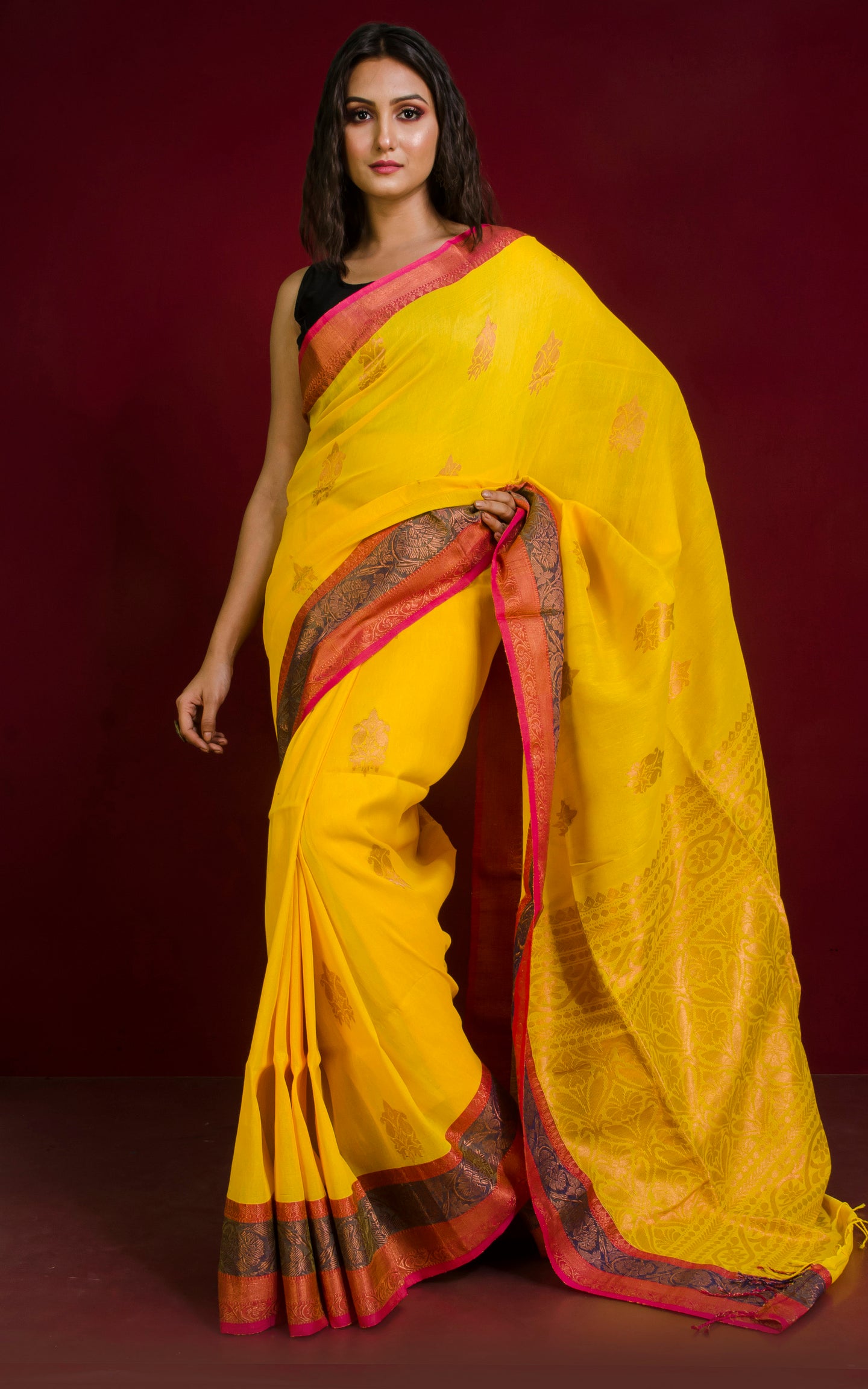 Handwoven Skirt Nakshi Border Cotton Linen Banarasi Saree in Golden Yellow and Multicolored