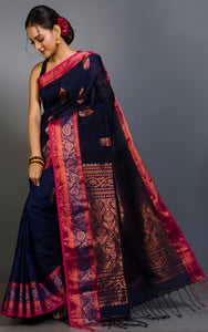 Handwoven Skirt Nakshi Border Cotton Linen Banarasi Saree in Midnight Blue and Multicolored