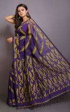 Exclusive Hand Karat Work Soft Linen Jamdani Saree in Rebecca Purple and Minion Yellow