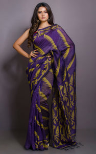 Exclusive Hand Karat Work Soft Linen Jamdani Saree in Rebecca Purple and Minion Yellow