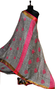 Pure Handloom Linen Saree in Grey, Pink and Gold
