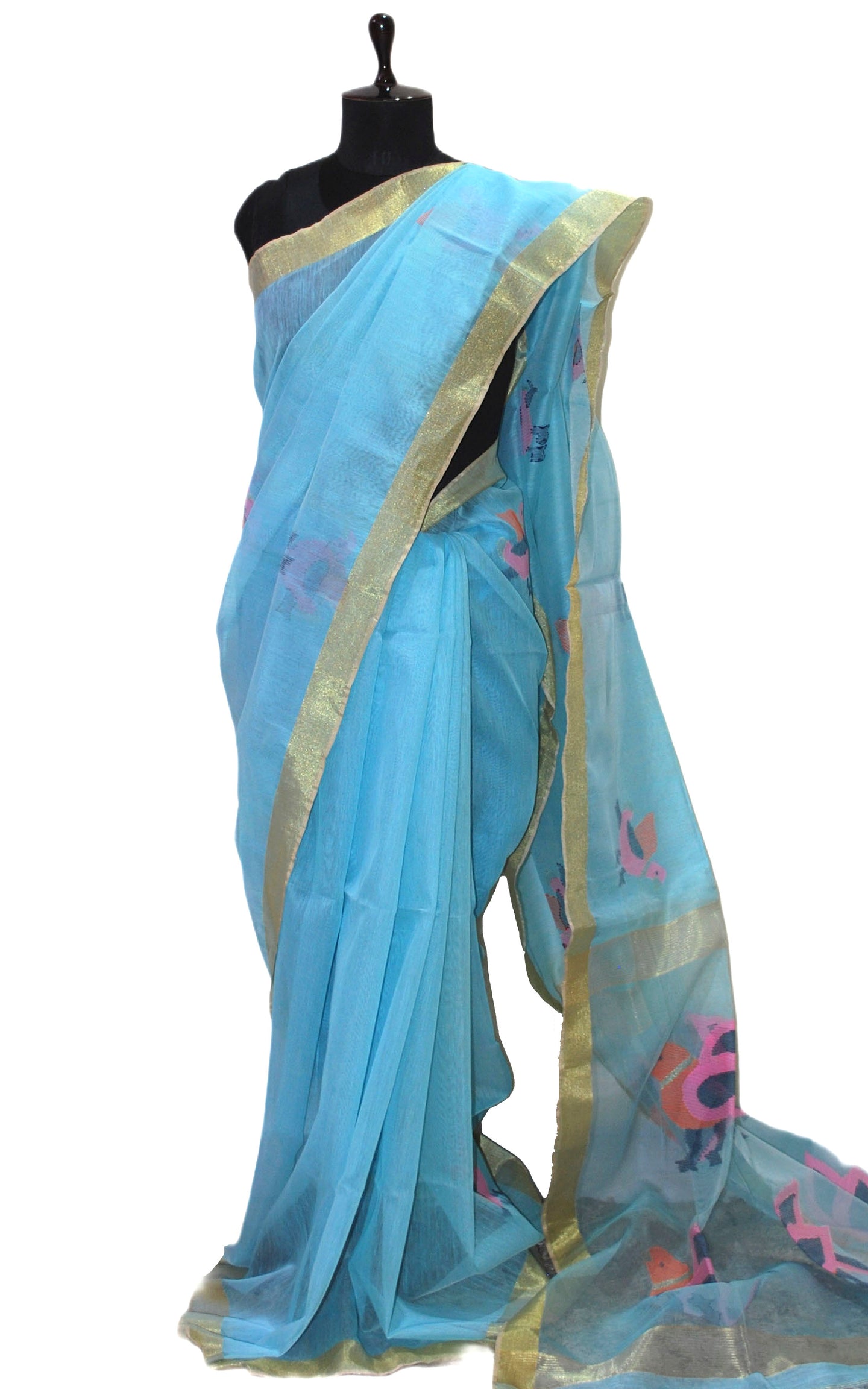 Silk Linen Jamdani Saree in Blue, Pink and Gold