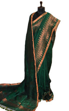 Handwoven Linen Kanchipuram Saree in Cadmium Green and Copper