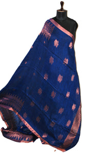 Handwoven Linen Kanchipuram Saree in Prussian Blue and Copper