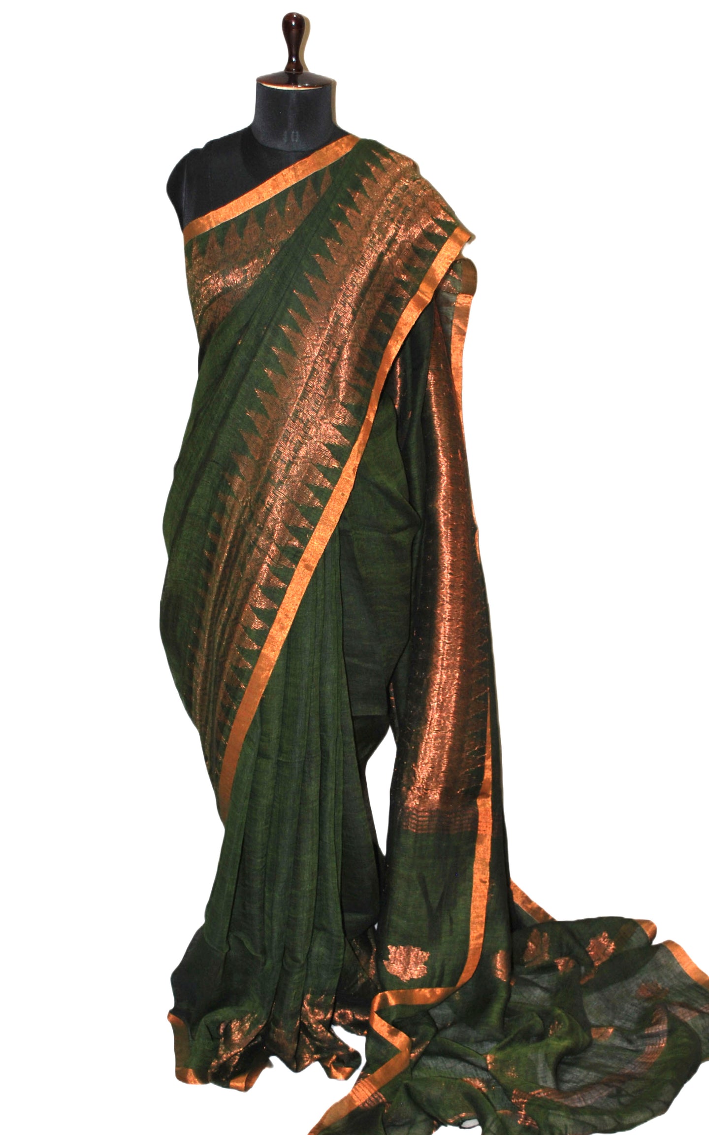 Handwoven Linen Kanchipuram Saree in Juniper Green and Copper