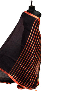 Smart Linen Saree with Stripe Pallu in Dark Brown and Copper Zari