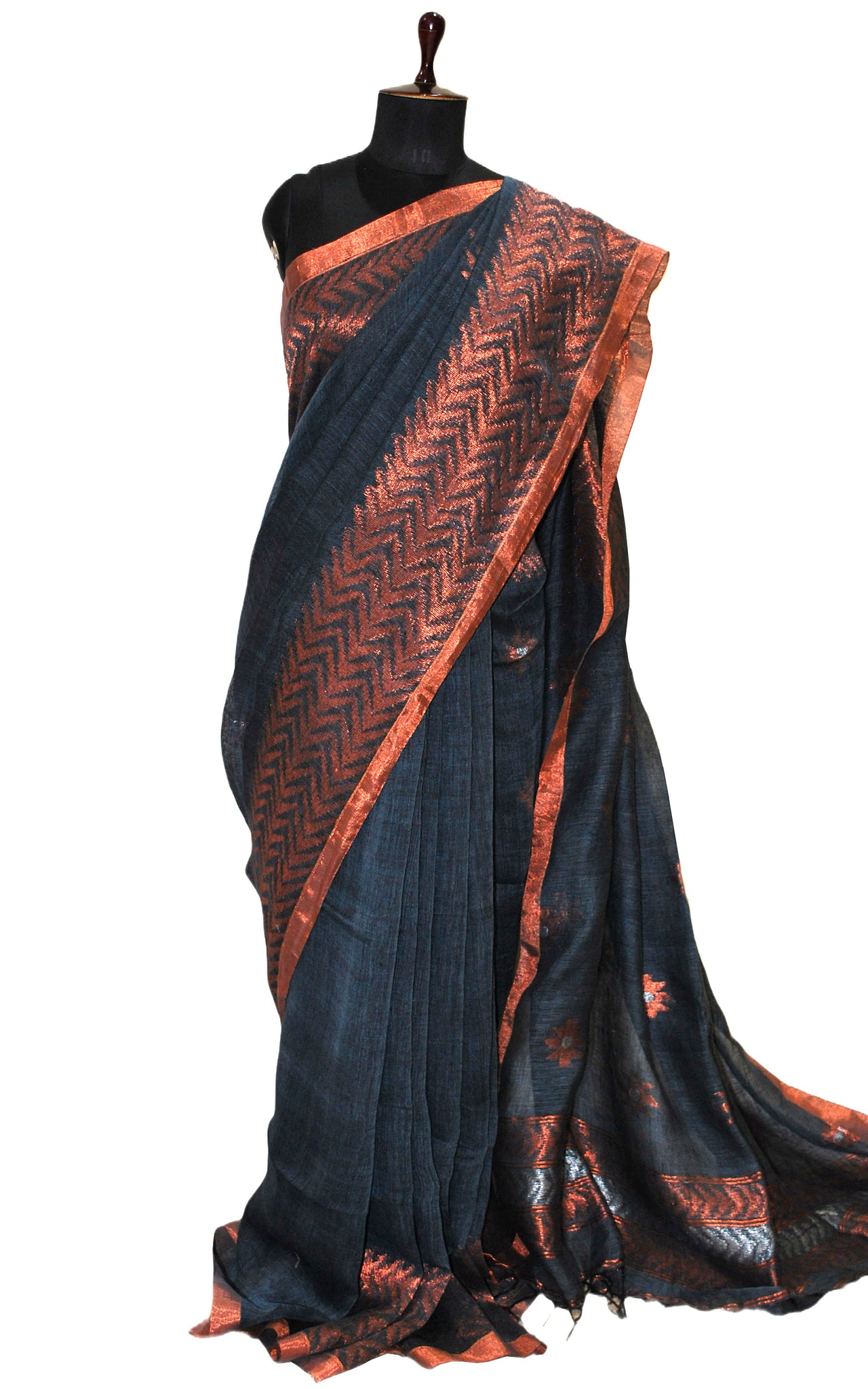 Sona Rupa Handwoven Linen Kanchipuram Saree in Anchor Grey, Copper and ...
