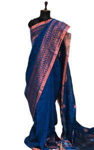 Sona Rupa Handwoven Linen Kanchipuram Saree in Denim Blue, Copper and Silver Zari Work