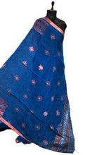 Sona Rupa Handwoven Linen Kanchipuram Saree in Denim Blue, Copper and Silver Zari Work