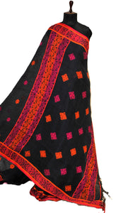 Exquisite Thread Nakshi Work Jacket Border Linen Jamdani Saree in Pebble Grey, Hot Pink and Orange