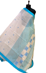 Premium Quality Silk Linen Jamdani Saree in Windham Cream and Cornflower Blue