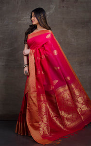 Cotton Linen Banarasi Saree in Hot Pink and Gold