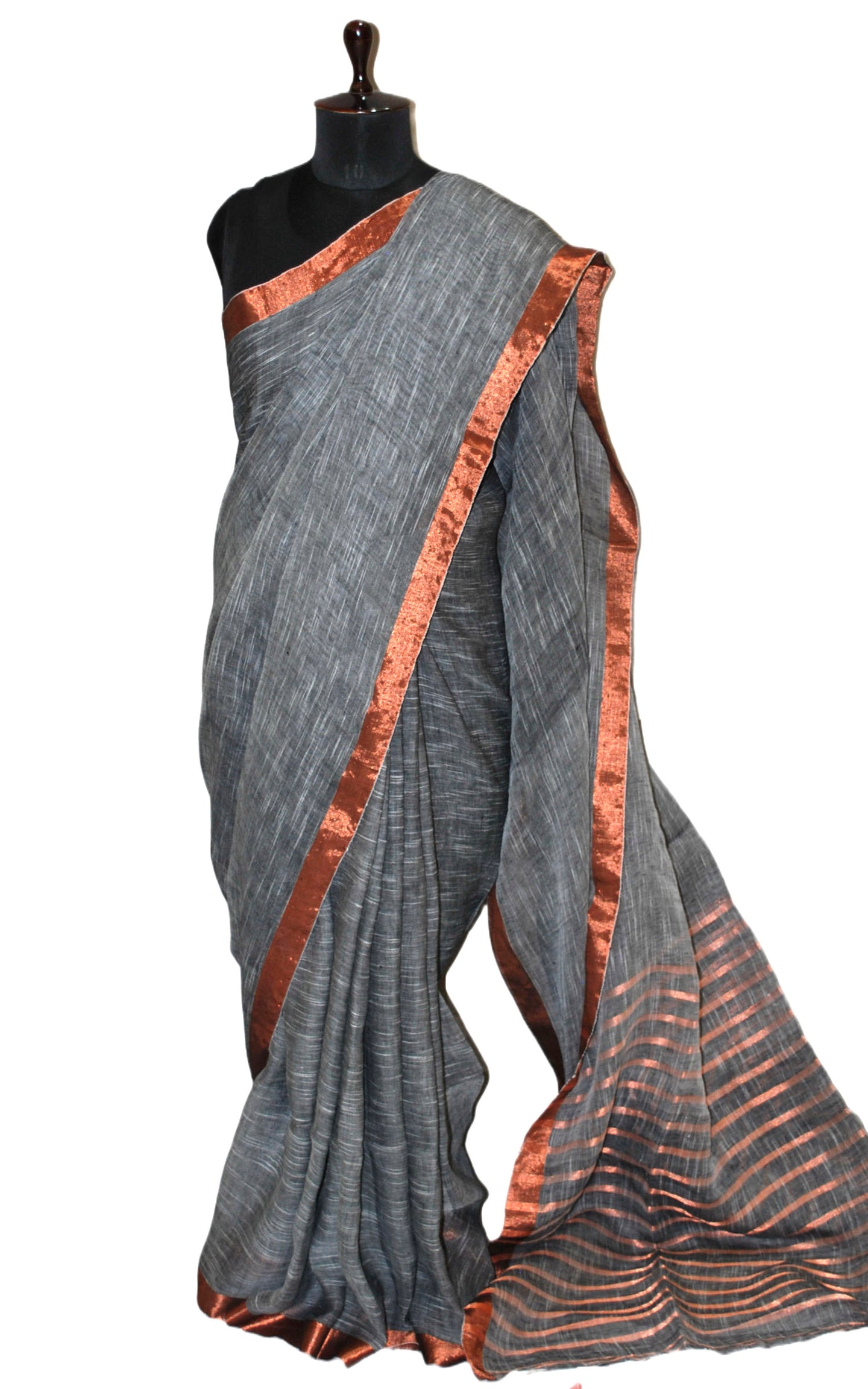 Smart Linen Saree with Stripe Pallu in Steel Grey, Off White and Copper Zari