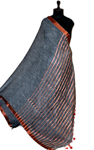 Smart Linen Saree with Stripe Pallu in Steel Grey, Off White and Copper Zari