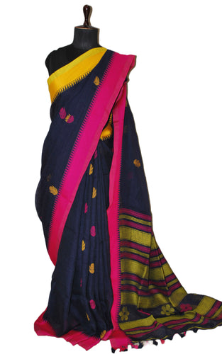 Premium Quality Traditional Linen Jamdani Saree in Ink Blue, Hot Pink and Golden Yellow