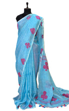 Linen Saree in Denim Blue And Rani