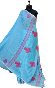 Linen Saree in Denim Blue And Rani