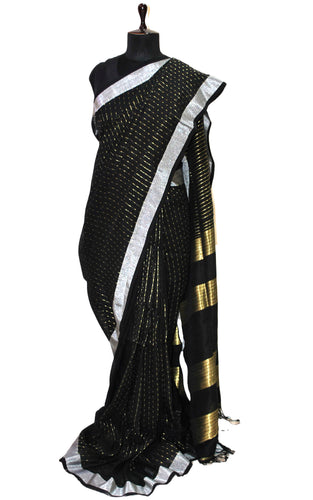 Miniature Polka Machi Butti Linen Banarasi Saree in Black and Silver