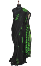 Pure Handloom Linen Jamdani Saree in Black and Green Thread Work