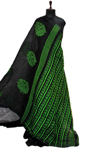 Pure Handloom Linen Jamdani Saree in Black and Green Thread Work