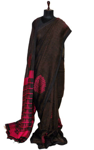 Pure Handloom Linen Jamdani Saree in Dark Brown and Hot Pink