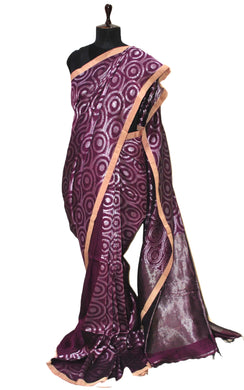 Chakram Motif Designer Brocade Linen Saree in Purple and Silver