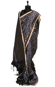 Chakram Motif Designer Brocade Linen Saree in Dark Burgundy and Silver
