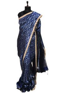 Chakram Motif Designer Brocade Linen Saree in Midnight Blue and Silver