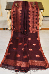 Handwoven Linen Kanchipuram Saree in Dark Wine and Copper