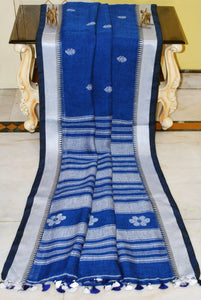 Premium Quality Traditional Linen Jamdani Saree in Denim Blue and Off White