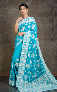 Lucknow Chikankari Work Designer Saree in Strobe Blue and White