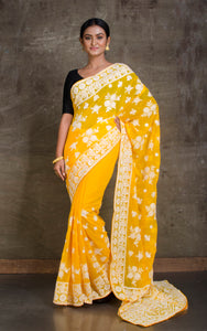 Lucknow Chikankari Work Designer Saree in Sunflower Yellow and White