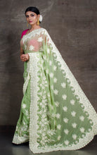 Lucknow Chikankari Work Designer Saree in Olive Green and White
