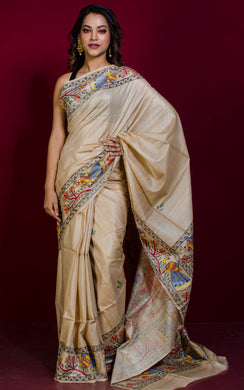 Hand Painted Madhubani on Premium Quality Soft Tussar Silk Saree in Beige and Multicolored