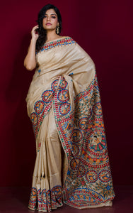 Hand Paint Madhubani on Premium Quality Soft Tussar Silk Saree in Beige and Multicolored