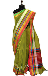 Maheshwari Cotton Silk Saree in Apple Green, Red and Multicolored