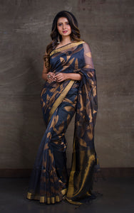 Jangla Jaal Work Muslin Silk Jamdani Saree in Steel Grey and Antique Gold