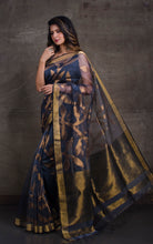 Jangla Jaal Work Muslin Silk Jamdani Saree in Steel Grey and Antique Gold