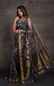 Jangla Jaal Work Muslin Silk Jamdani Saree in Steel Grey and Antique Gold