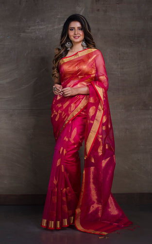 Jangla Jaal Work Muslin Silk Jamdani Saree in Hot Pink and Antique Gold