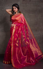 Jangla Jaal Work Muslin Silk Jamdani Saree in Hot Pink and Antique Gold