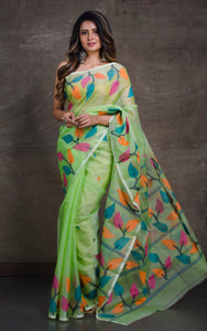 Leaf Motif Nakshi Silk Jamdani Saree in Mint Green and Multicolored Thread Work