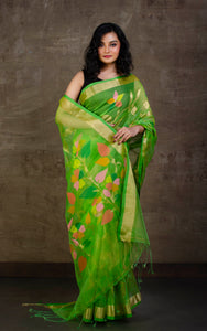 Bengal Handloom Designer Cotton Saree in Navy Blue, Red and Beige