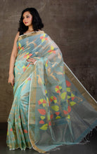 Muslin Silk Jamdani Saree in Arctic Blue, Gold Zari and Multicolored Thread Work
