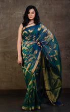 Jangla Jaal Work Muslin Silk Jamdani Saree in Peacock Green, Blue and Antique Gold