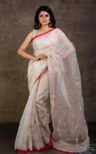 Jangla Jaal Work Muslin Silk Jamdani Saree in Off White, Red and Antique Gold