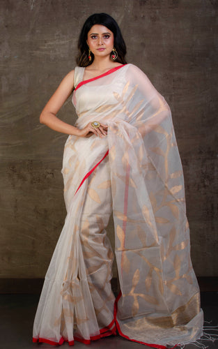 Jangla Jaal Work Muslin Silk Jamdani Saree in Off White, Red and Antique Gold