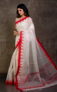 Woven Kota Checks Resham Muslin Jamdani Saree in White and Red