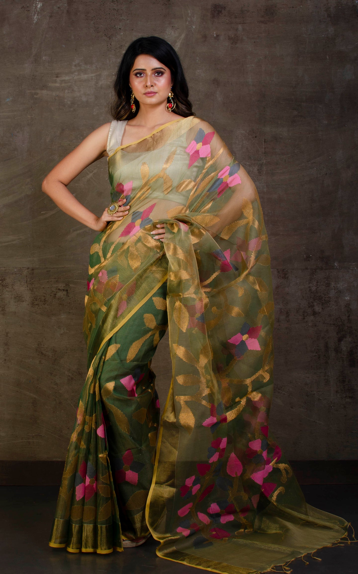 Muslin Silk Jamdani Saree in Dark Olive Green, Gold Zari and Multicolored Thread Work